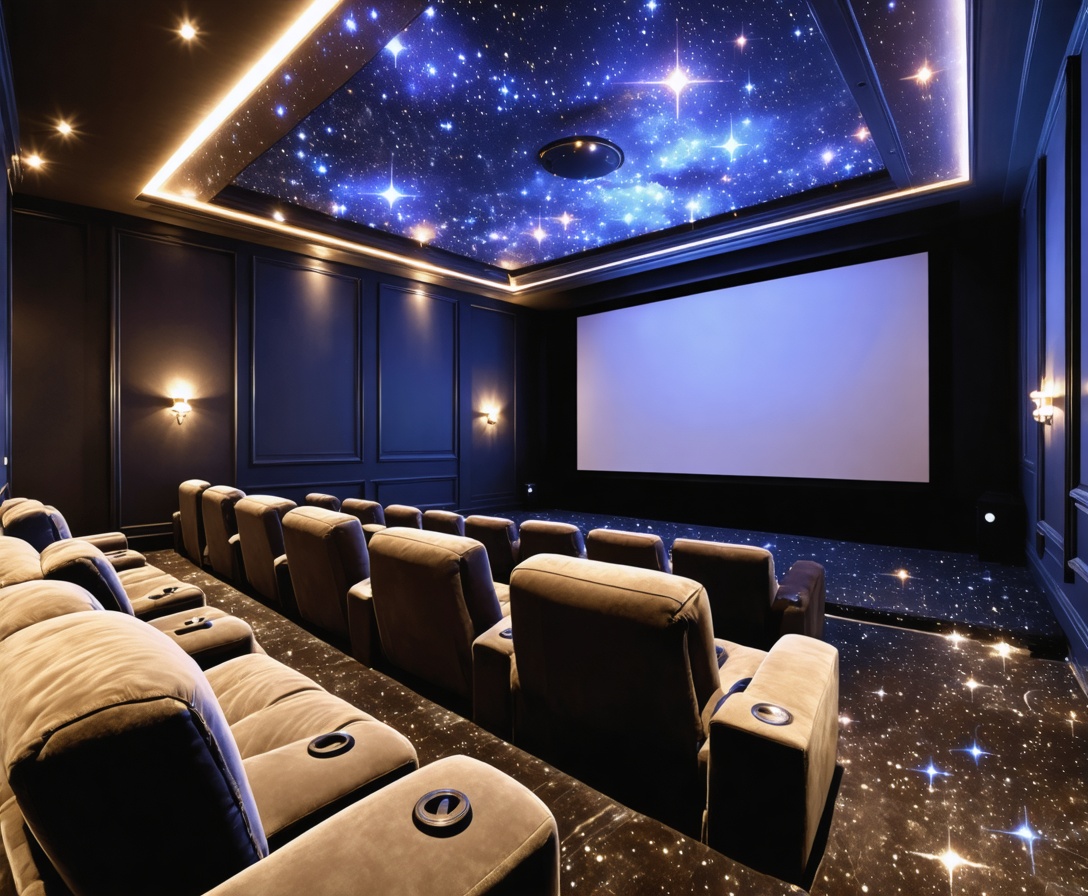 Luxury home theater with starry ceiling and plush seating