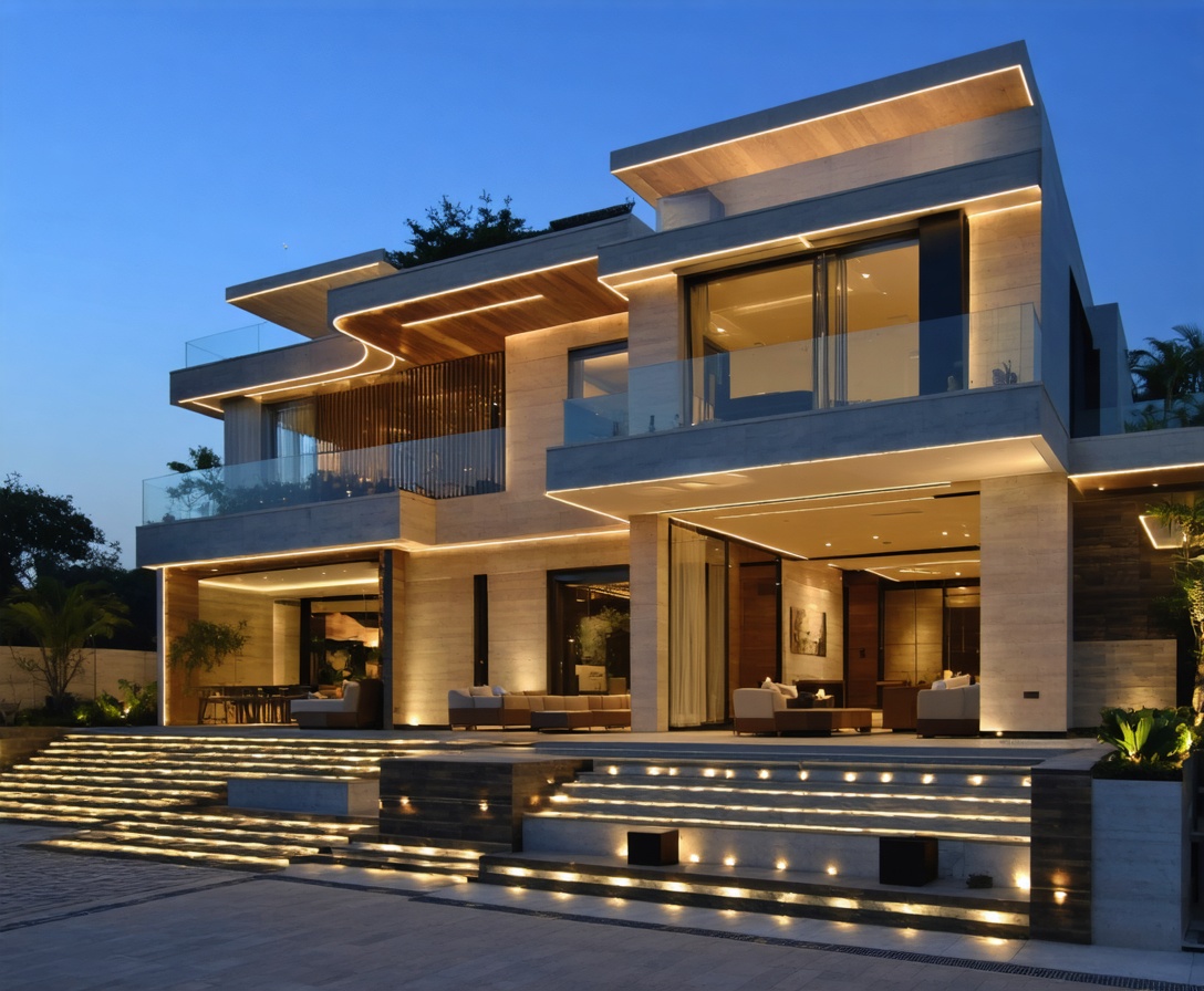 Contemporary Indian luxury villa with automated outdoor lighting