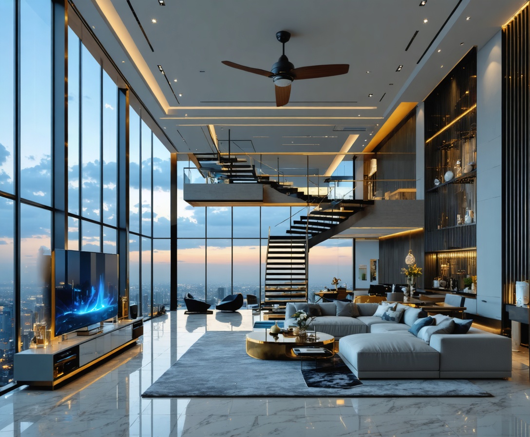 High-rise penthouse interior with integrated smart ceiling