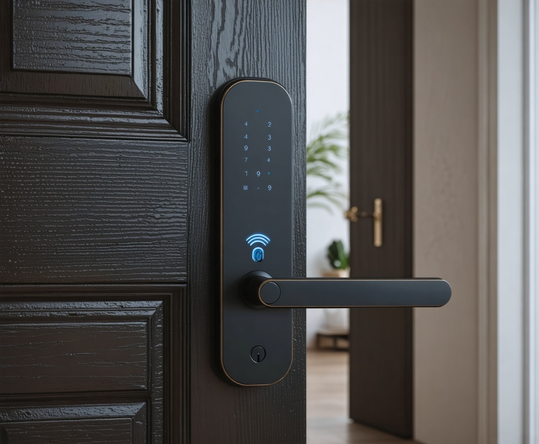 Matte black smart door lock with glowing fingerprint sensor